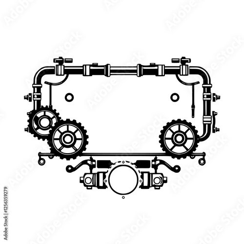 Steampunk Gears and Pipes Frame: a black and white graphical representation, the image features a detailed, intricate design, with gears and pipes arranged in a frame-like pattern.