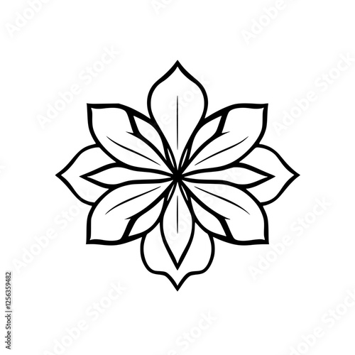 A symmetrical graphic rendering featuring a minimalist design composed of black and white flower with dark outlines, set on a white background, floral style.