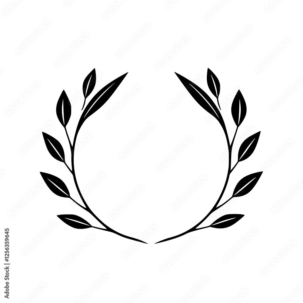 Minimalist graphic depiction of a laurel wreath composed of black stylized leaves, set against a white backdrop. Minimalist graphic depiction of a laurel wreath composed of black stylized leaves, set against a white backdrop.