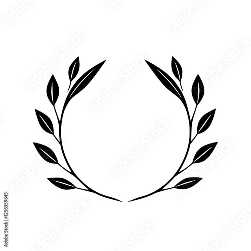 Minimalist graphic depiction of a laurel wreath composed of black stylized leaves, set against a white backdrop.