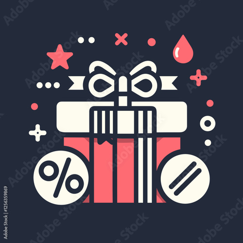 Stylized gift box icon with discount symbols and decorative elements representing promotions and special offers