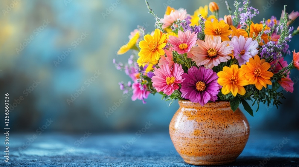 Colorful wildflowers in vase, rustic table, blurred background, greeting card