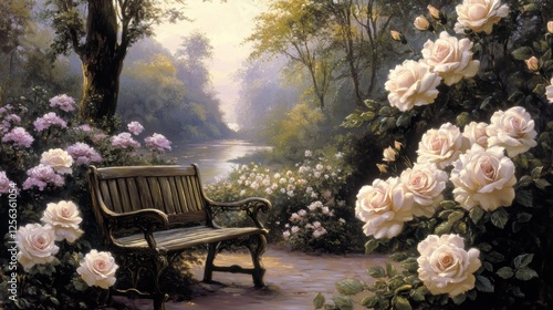 Serene garden with wooden bench, roses, and stream.