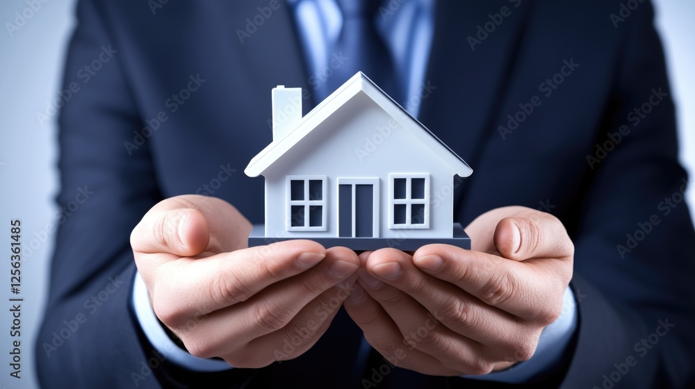 Businessman Holding Model House Representing Real Estate. Concepts of property ownership, mortgage, and financial security in the housing market.