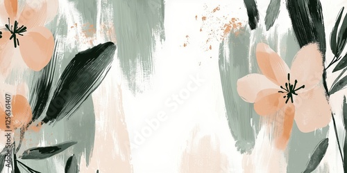 Abstract Watercolor Painting with Orange, Green, and Black Elements on Canvas
