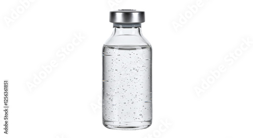 Glass medical bottle filled with liquid featuring a sealed cap and a transparent design commonly used for medications and lab solutions isolated on a transparent background
