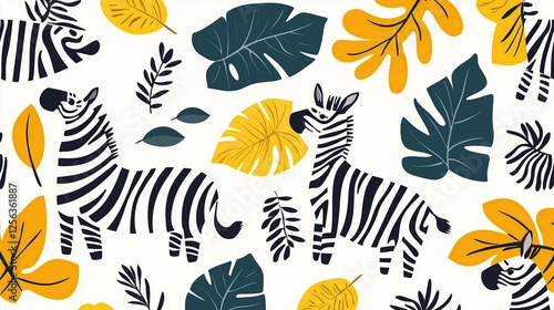 Colorful artistic design featuring a zebra paired with lively tropical leaves and nature themes photo