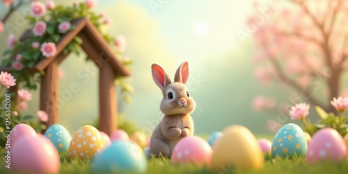 Wallpaper Mural Celebrate spring with this charming illustration of a cute rabbit surrounded by colorful Easter eggs and blooming flowers, perfect for festive greetings or seasonal promotions. Torontodigital.ca