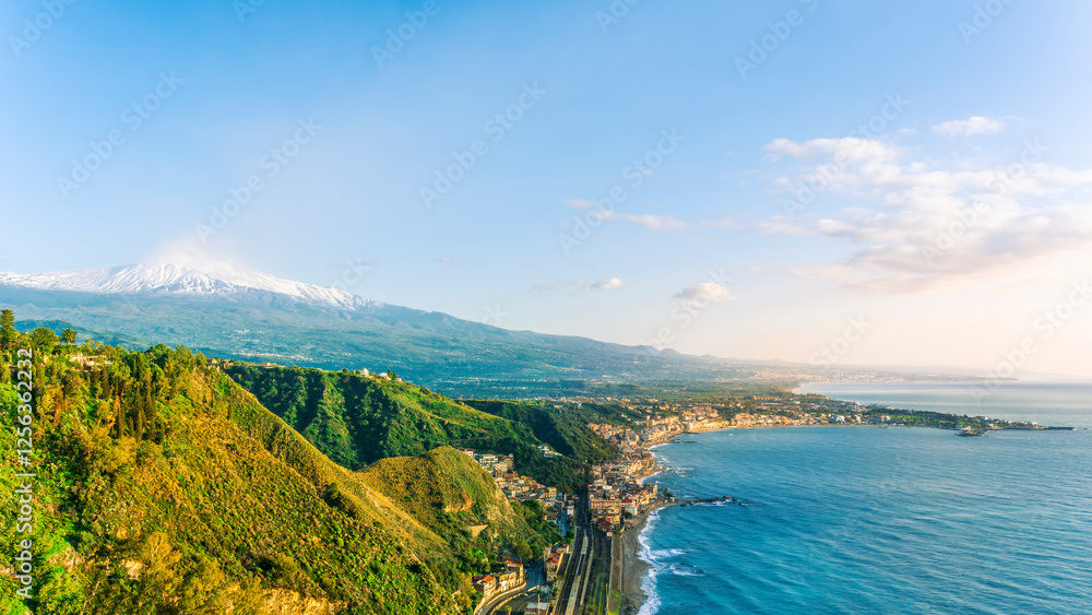 scenic view from above to a beautiful coast with mediterranean touristic town with sea gulf and wonderful coastline and blue cloudy sky on background scenic view from above to a beautiful coast with mediterranean touristic town with sea gulf and wonderful coastline and blue cloudy sky on background