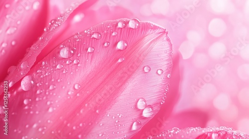 Close-up of pink flower petals glistening with water droplets in soft light on a spring morning