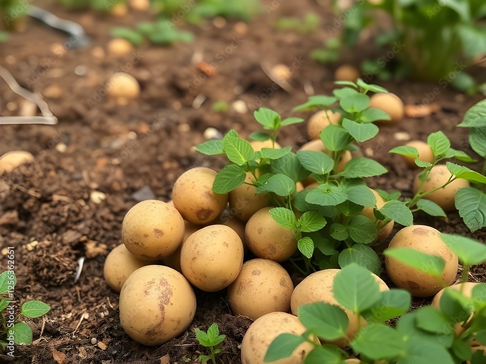 Fresh potatoes on the ground, in the garden. Fresh potatoes on the ground, in the garden.