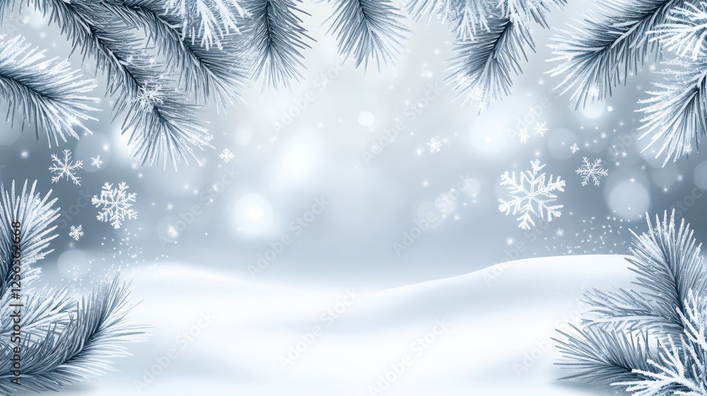 Obraz premium Winter Blurred Background with Frosted Pine Branches