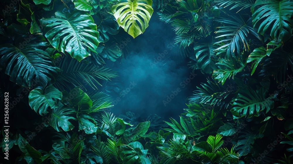 Lush green foliage surrounding a misty, tranquil center. Lush green foliage surrounding a misty, tranquil center.