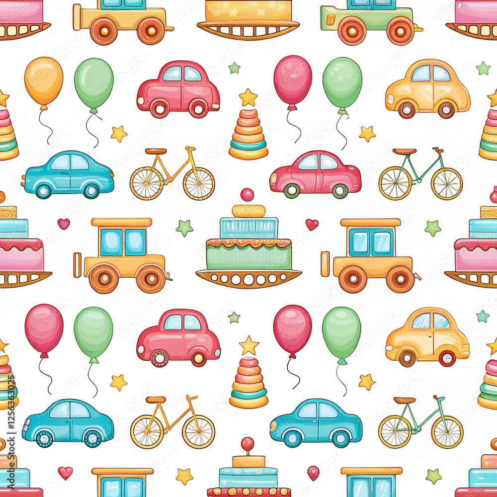 Colorful toy seamless pattern; cars, bikes, cake, balloons; children's party; fabric, wrapping paper Colorful toy seamless pattern; cars, bikes, cake, balloons; children's party; fabric, wrapping paper