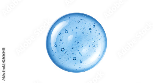Circular gel texture with a smooth glossy surface featuring a blue serum toner drop rich in hydrating and nourishing properties isolated on a transparent background
