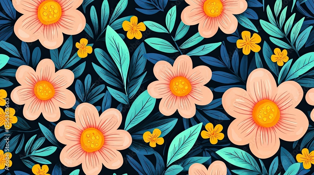 Peach Blooms and Teal Leaves Floral Pattern Peach Blooms and Teal Leaves Floral Pattern