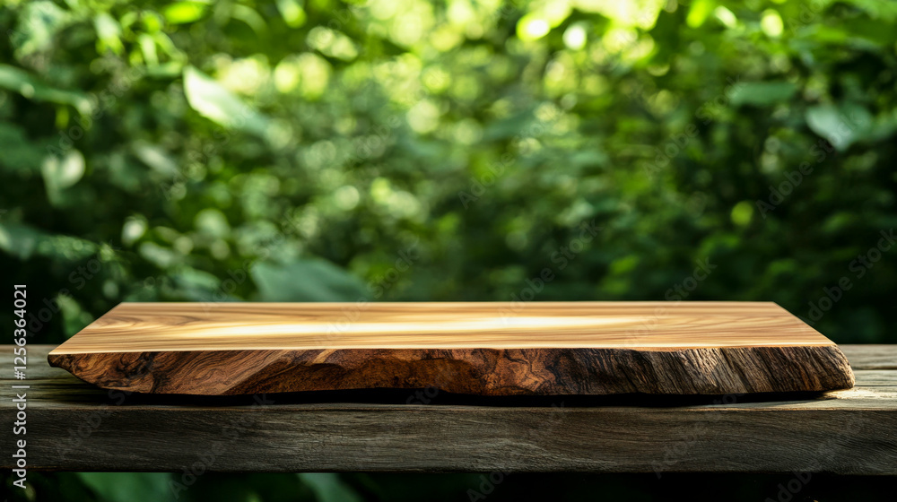 Clean wooden slab on rustic table surrounded by lush greenery for product display Clean wooden slab on rustic table surrounded by lush greenery for product display