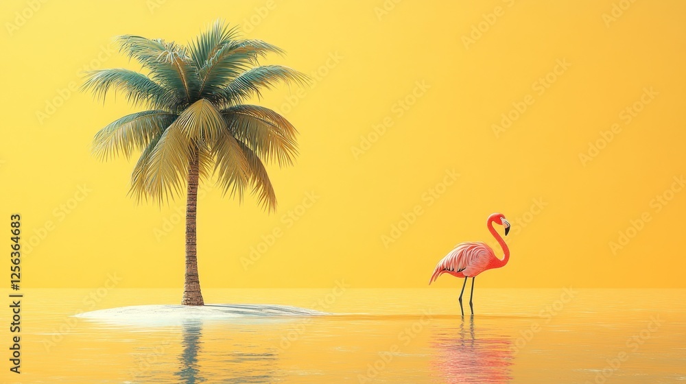 Naklejka premium Vibrant pink flamingo standing near a palm tree on a serene island at sunset with golden hues