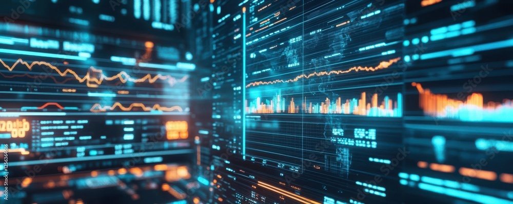 Naklejka premium Futuristic financial data analysis with graphs and charts on digital screen