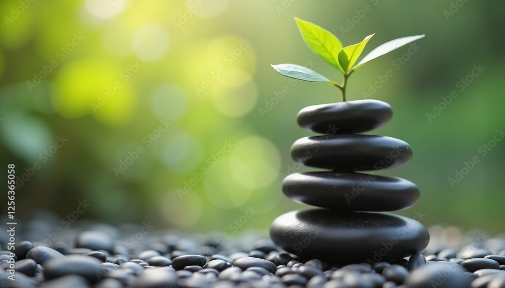 Zen stones with plant on blurred green background, serenity and balance concept Zen stones with plant on blurred green background, serenity and balance concept