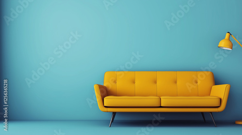 Stylish yellow modern sofa with elegant design against vibrant blue background symbolizing contemporary interior, minimalist decor, and trendy home living concept photo