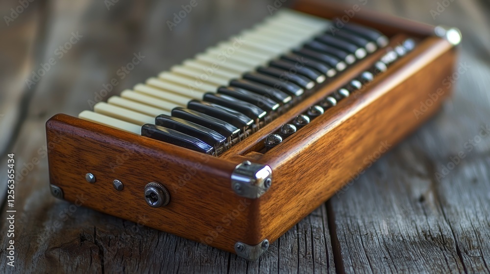 A wooden harmonium with black and white keys on a rustic wooden surface. A wooden harmonium with black and white keys on a rustic wooden surface.