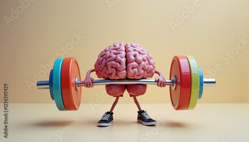 Cartoon brain lifting colorful weights on yellow background symbolizing mental strength