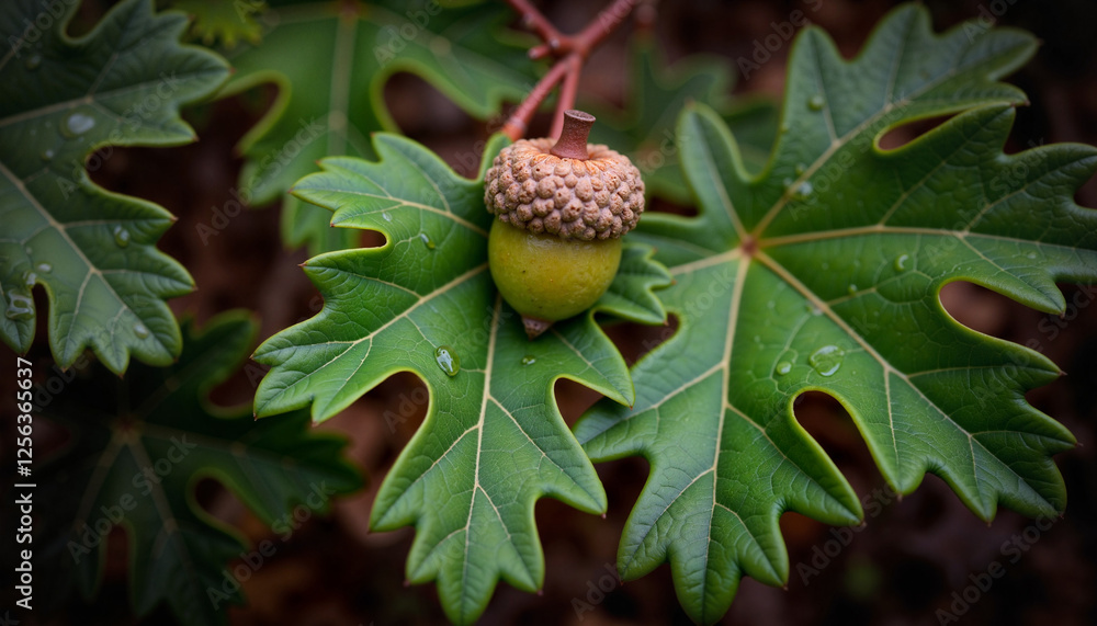Oak leaf and acorn under raindrops, woodland tranquility Oak leaf and acorn under raindrops, woodland tranquility