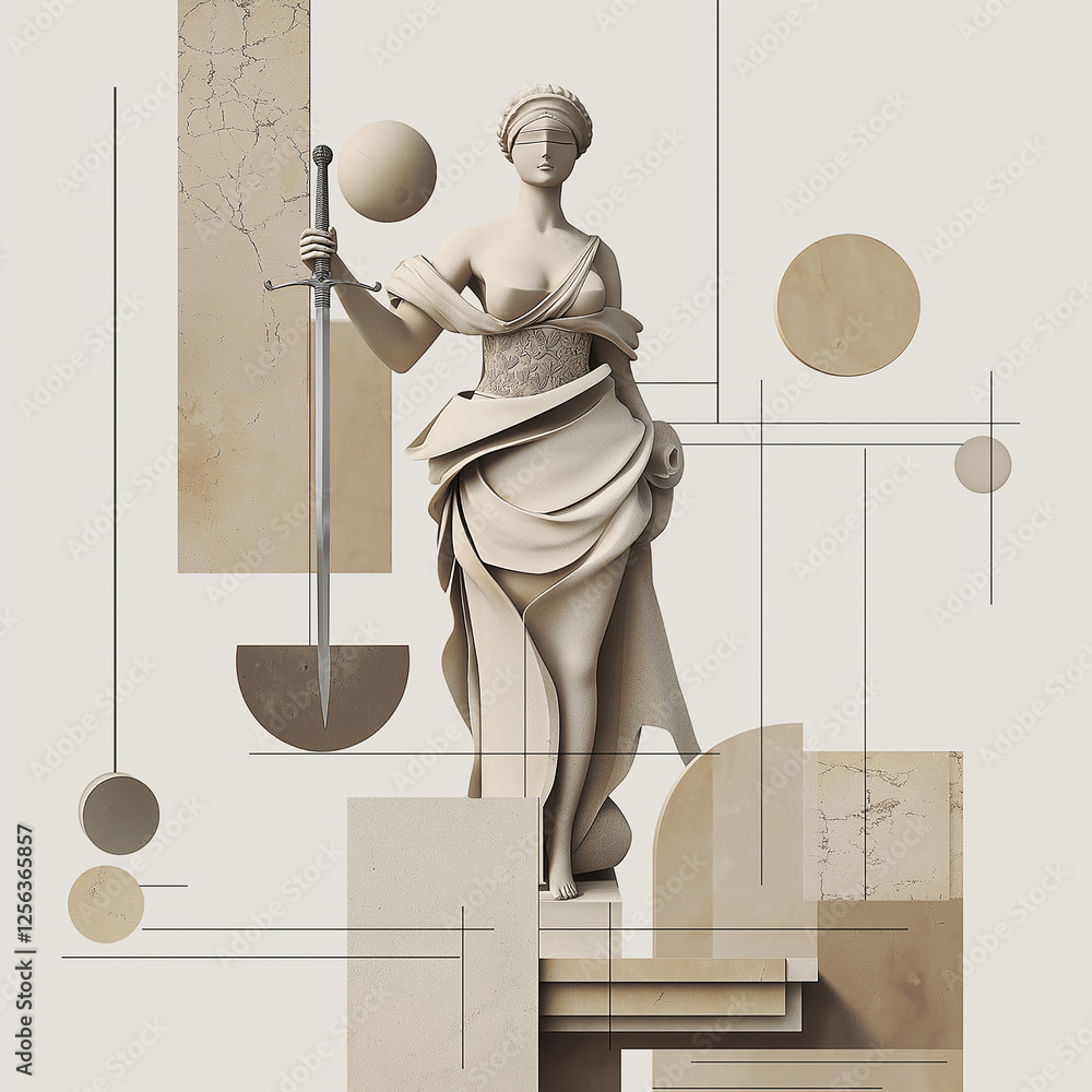 Justice figure with blindfold, sword, shapes and copy space