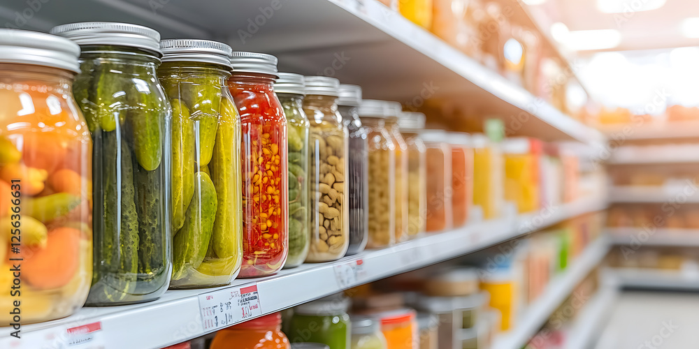 Assortment of homemade canned goods. Jars of pickled vegetables and beans neatly organized on shelves. Preserved food concept, prepared with time and care. Assortment of homemade canned goods. Jars of pickled vegetables and beans neatly organized on shelves. Preserved food concept, prepared with time and care.