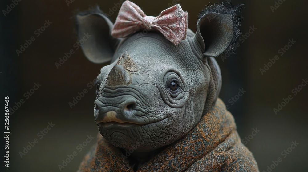 A cute, dressed-up baby rhinoceros with a bow, evoking a playful vibe.
