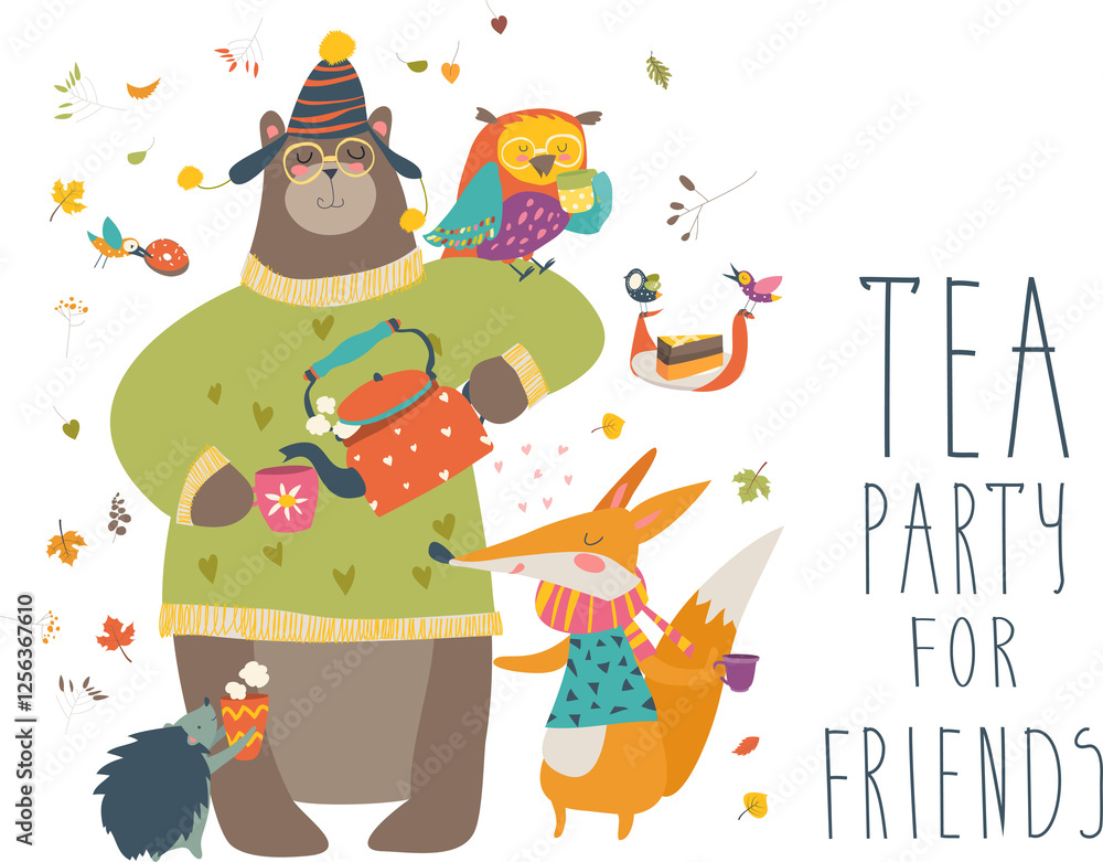 Naklejka premium Tea party with cute animals. Vector illustration