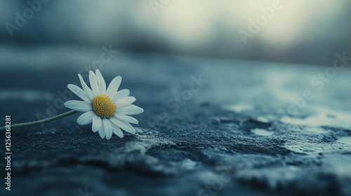 A single daisy flower on a wet stone, symbolizing resilience and hope amidst adversity, with a blurred background and water droplets on the surface. photo