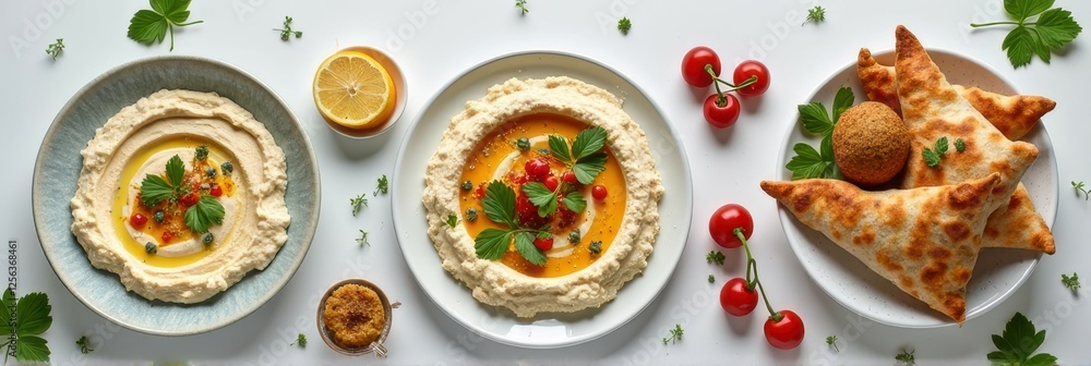 Assorted middle eastern hummus with pita bread and fresh vegetables Assorted middle eastern hummus with pita bread and fresh vegetables