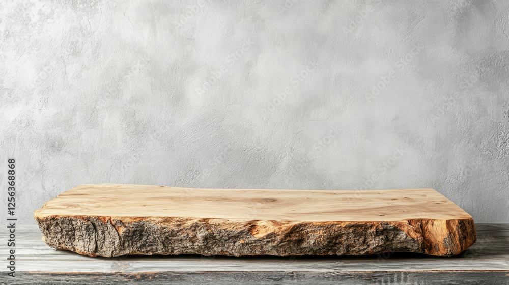 Fototapeta premium Elegant wooden slab on a table with a minimalist design against a soft grey background