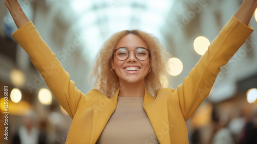 Happy confident afro woman wearing stylish yellow blazer with arms raised smiling in city background symbolizing success, positivity, empowerment, and modern lifestyle happiness photo