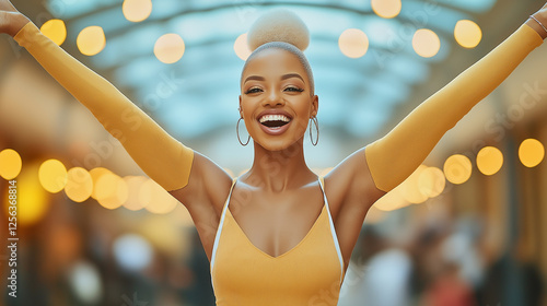 Happy confident afro woman wearing stylish yellow blazer with arms raised smiling in city background symbolizing success, positivity, empowerment, and modern lifestyle happiness photo