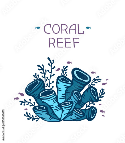Vector illustration with blue corals and silhouette of fishes. Isolated coral reef.