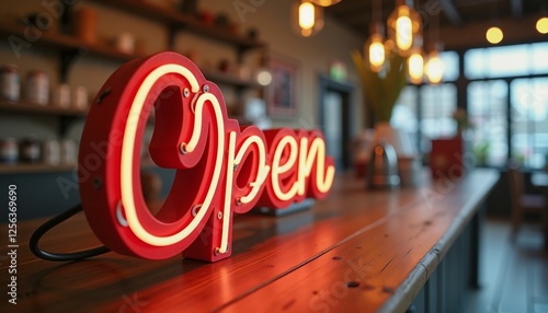 Retro Neon Open Sign in Warm Cafe Setting, Inviting Atmosphere for Business Promotion