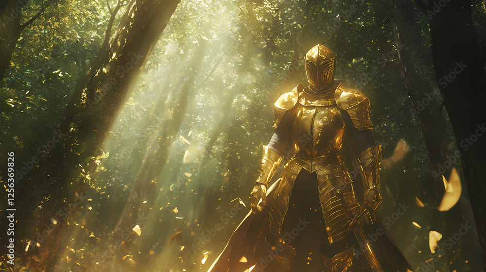 Fototapeta premium A golden armored knight standing in a mystical forest, surrounded by ethereal light and nature's beauty. Ethereal Armor. Illustration