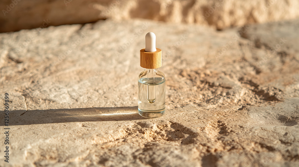 Bottle of facial oil with a wooden dropper, placed on a stone surface Bottle of facial oil with a wooden dropper, placed on a stone surface