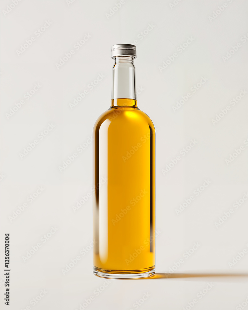 Clear glass bottle filled with golden liquid standing on a neutral background Clear glass bottle filled with golden liquid standing on a neutral background