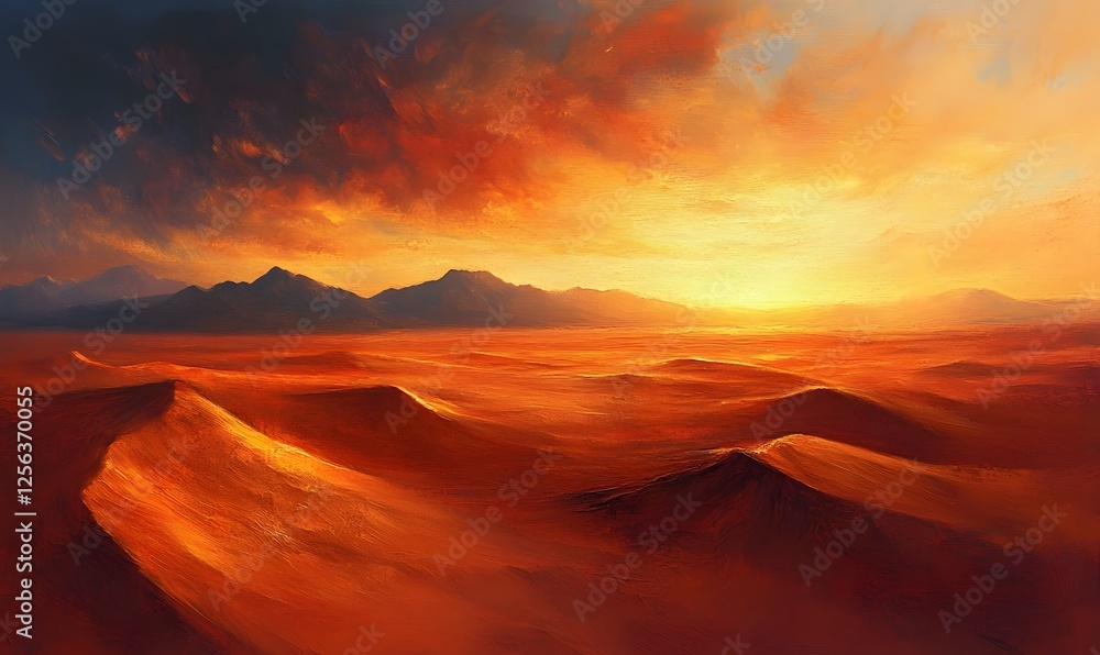 Naklejka premium Fiery Sunset over a vast desert with rolling hills and distant mountains
