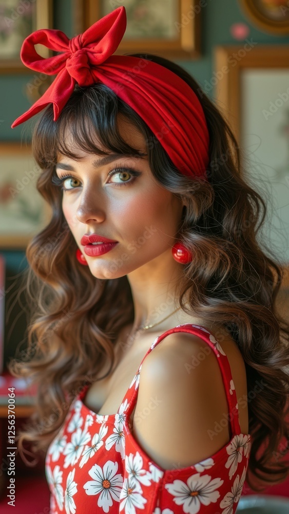 Obraz premium Young hispanic female with red headband and floral dress in vintage setting