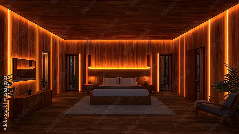 Fototapeta premium Warmly Lit Modern Wooden Bedroom Interior Design
