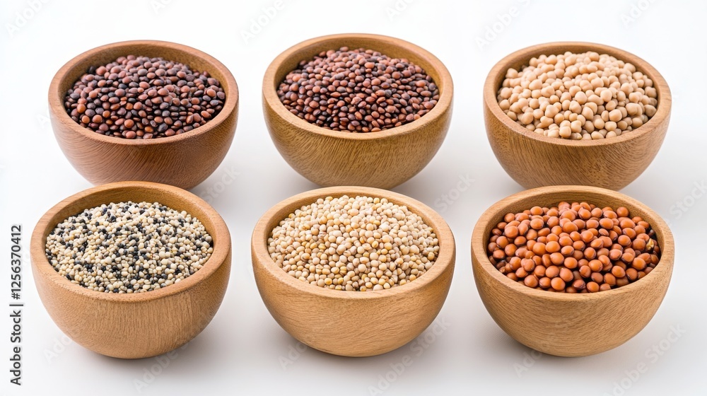 Diverse grains and legumes displayed in wooden bowls highlighting plant-based nutrition with warm earthy tones Diverse grains and legumes displayed in wooden bowls highlighting plant-based nutrition with warm earthy tones
