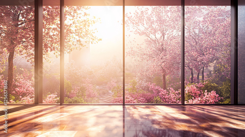 Bright room interior with large glass windows showcasing a blooming cherry blossom garden outside, symbolizing spring, renewal, and peaceful nature. photo