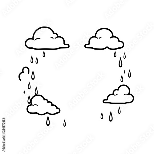 Cartoonish rain clouds, raindrops and clouds.