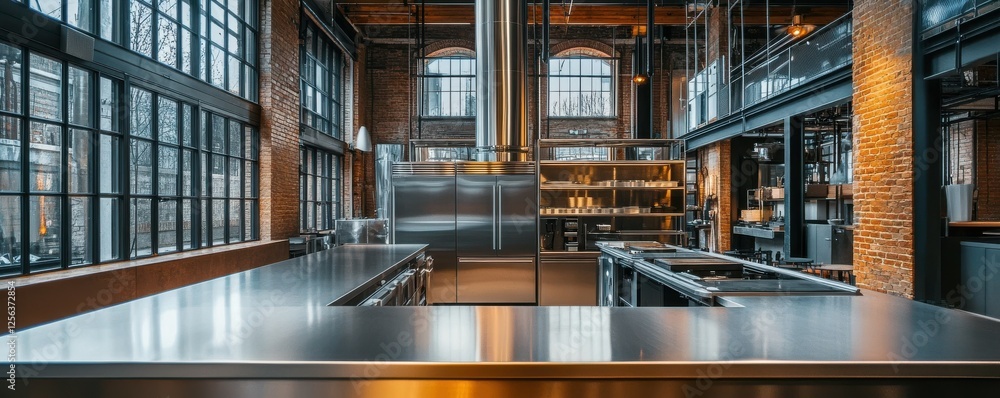 Fototapeta premium Industrial loft kitchen with stainless steel appliances and exposed brick walls