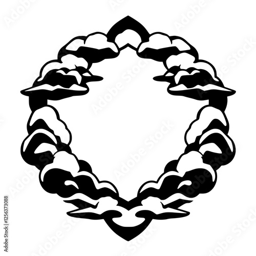 Black-and-white illustration of a cloud-like frame with an internal oval shape.